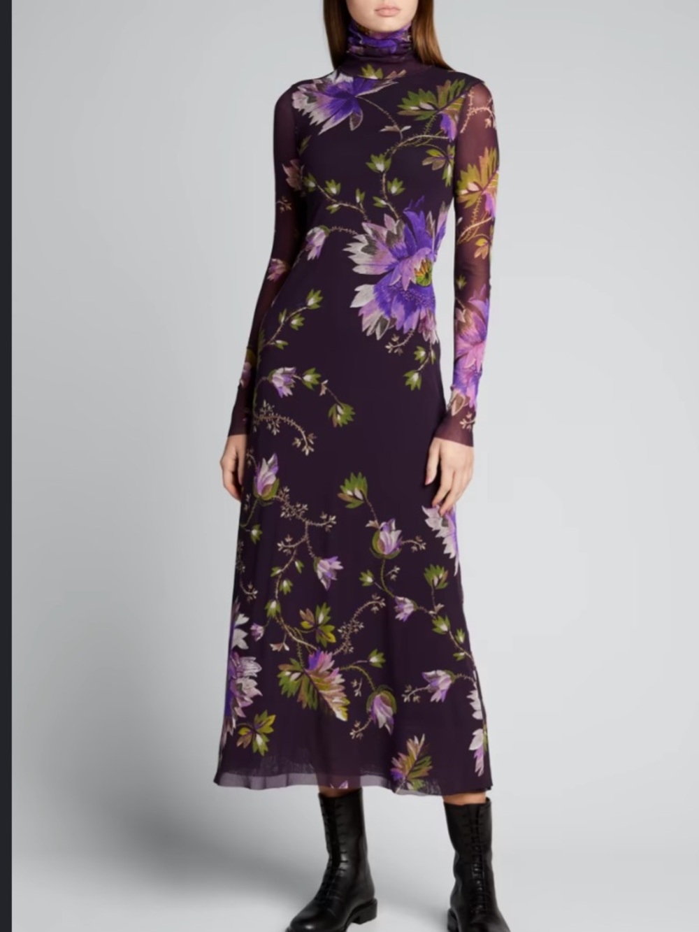 Fuzzi small black and plum Floral Long-Sleeve Turtleneck Midi Dress